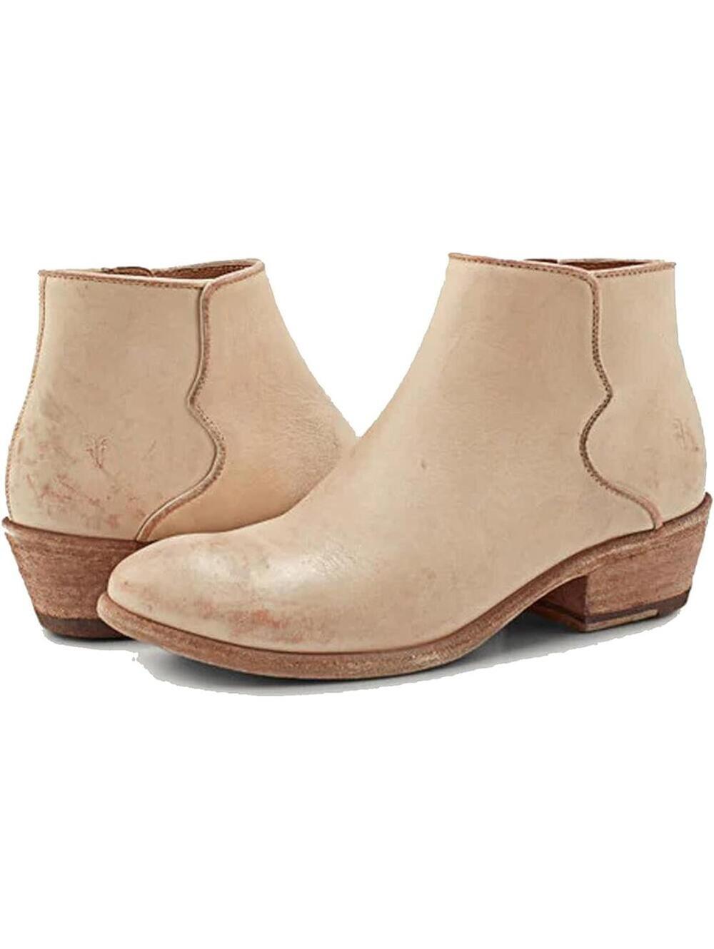 Frye Carson Piping Bootie 7 Women's Beige Leather Ankle Boots with Side Zipper